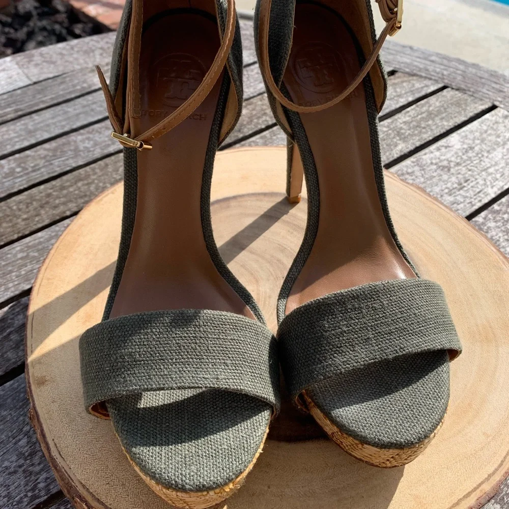 Tory Burch Olive Green Platform Heels with Tan Woven Platform